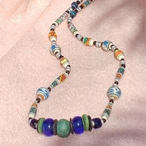 S. American Clay & Porcelain w/ Glass & Wood Beaded Necklace Sterling Slv Clasp